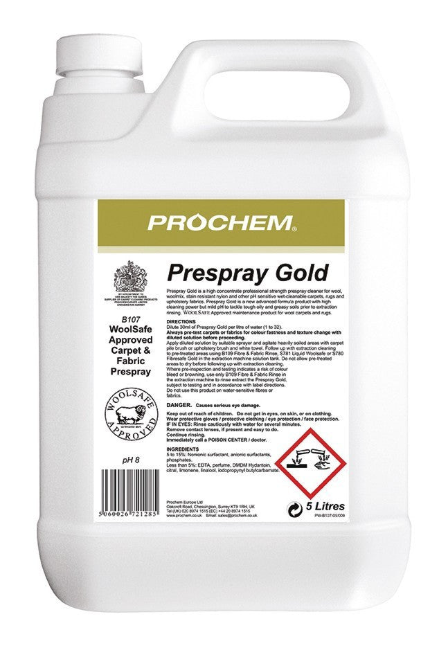 NIMBUS | Prochem B107-05 Prespray Gold 5 Litre | Carpet Presprays & Traffic Lane Cleaners, Chemicals, Fine Fabric, Multibuy, Pre-Sprays, Prochem, prochem chemicals, Upholstery & Fine Fabric Products, | Prochem